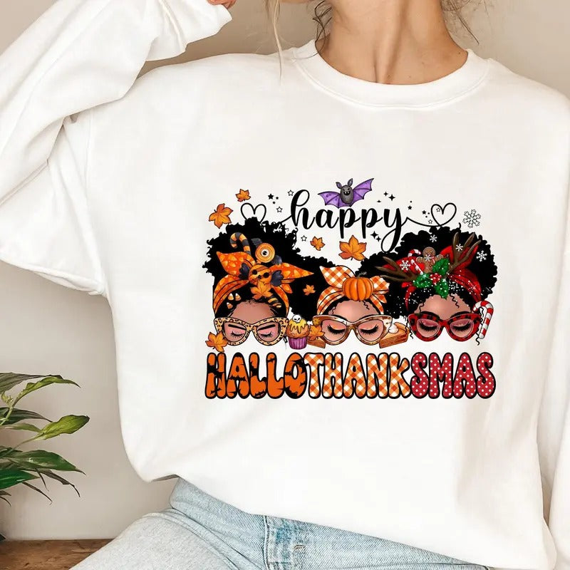 Happy Hallothanksmas Sweatshirt, Halloween Gift for Women, Girl Sweatshirt, Cute Halloween Sweater, Colorful Halloween...