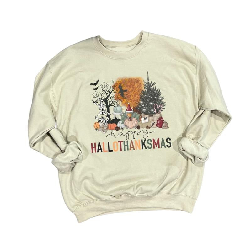 Happy Hallowthanksmas Crewneck T-shirt Long sleeve Hoodie, Sweatshirt | HypeCrazeTee.com