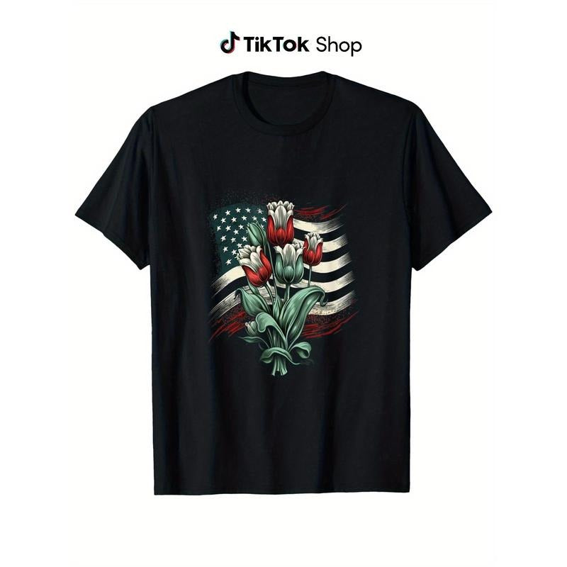 Happy Memorial Day Tulips Flower American Flag 4th of July T-Shirt 100% cotton, fabric weight 180g, Happy Mother'S Day...