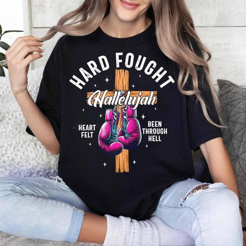 Hard Fought Hallelujah Shirt, Christian Sweatshirt, Boxing Gloves Hard Fought Hoodie, Religious Shirt, Church Tee, Jesus...