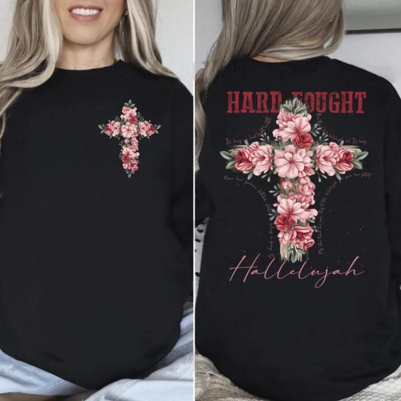Hard Fought Hallelujah Shirt, Floral Christian Tee, Jesus is King, Layer-Friendly, Works in Any Weather, Lightweight...