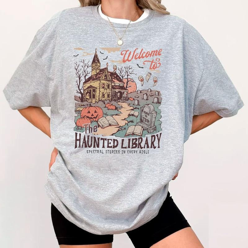 Haunted Library  Shirt for Book Lover Funny Halloween Librarian Graphic Tee, Bookish Spooky Crewneck Reading Ghost...
