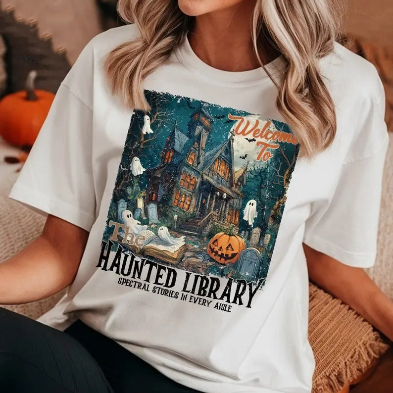 Haunted Library  Shirt, Librarian Book Lover T-Shirt, Funny Halloween Gift Bookish Tee Spooky tshirt, Reading Ghost,...