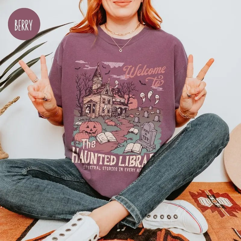 Haunted Library Comfort Colors Shirt for Book Lover Funny Halloween Librarian Graphic Tee Bookish Spooky Crewneck Reading...