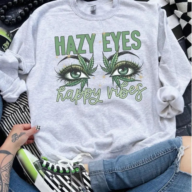 Hazy Eyes Happy Vibes - Ash Grey - Sublimation-  - Unisex Jersey Sweatshirt T-Shirts, Hoodie | HypeCrazeTee.com