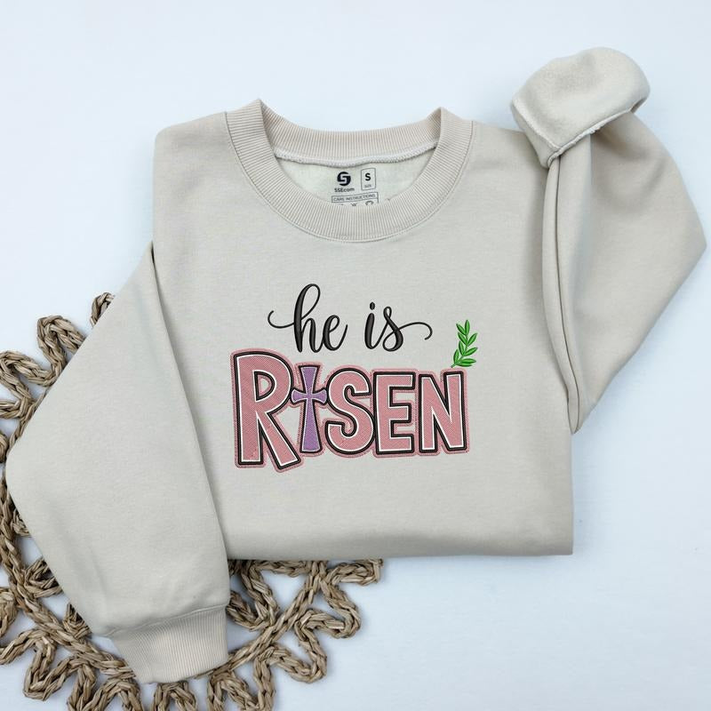 He Is Risen Easter Embroidered Sweatshirt, Trendy Easter Cross Sweatshirt, Christian Embroidered Crewneck Sweater...
