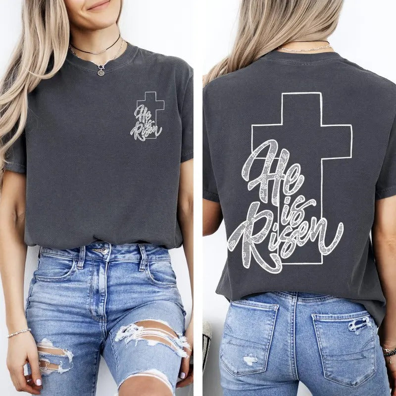 He Is Risen, Faux Lace, Girly, Cross, Coquette, Christian, Jesus, Gospel, Faith, Saved Tshirt, Women's Comfort Colors Tee...