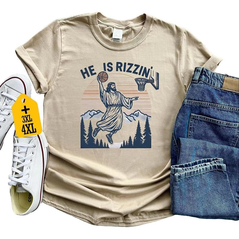 He Is Rizzin' Funny Jesus Playing Basketball Shirt Retro Y2K Christian Faith Humor Easter Shirt Easter Hilarious T-Shirts, Hoodie, Sweatshirt