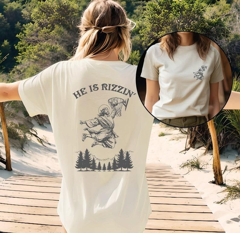 He Is Rizzin' Shirt, Funny Jesus Shirt, Humor Easter Shirt, Christian Easter Shirt, Jesus Playing Basketball  T-shirt,...