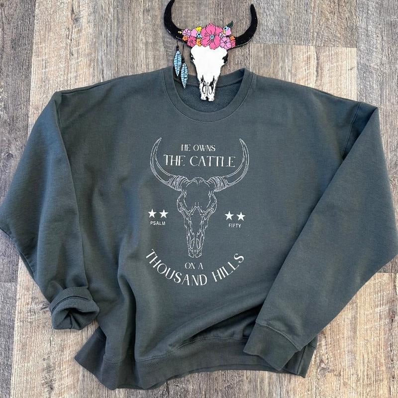 He Owns Cows on a Thousand Hills Sweatshirt, bull skull hoodies, western clothing stuff, western outfits women tops,...