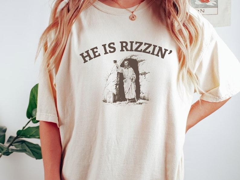 He is Rizzin' Funny Easter Shirt of Jesus Taking a Tomb Selfie, Retro Christian Faith Religious Graphic Tee, Weirdcore...