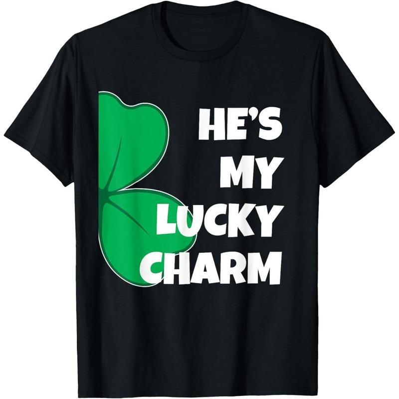 He's My Lucky Charm Funny St. Pattys Day Couple T-Shirt - Black, Unisex-Adults, Short Sleeve, Classic Fit, Size: Small...