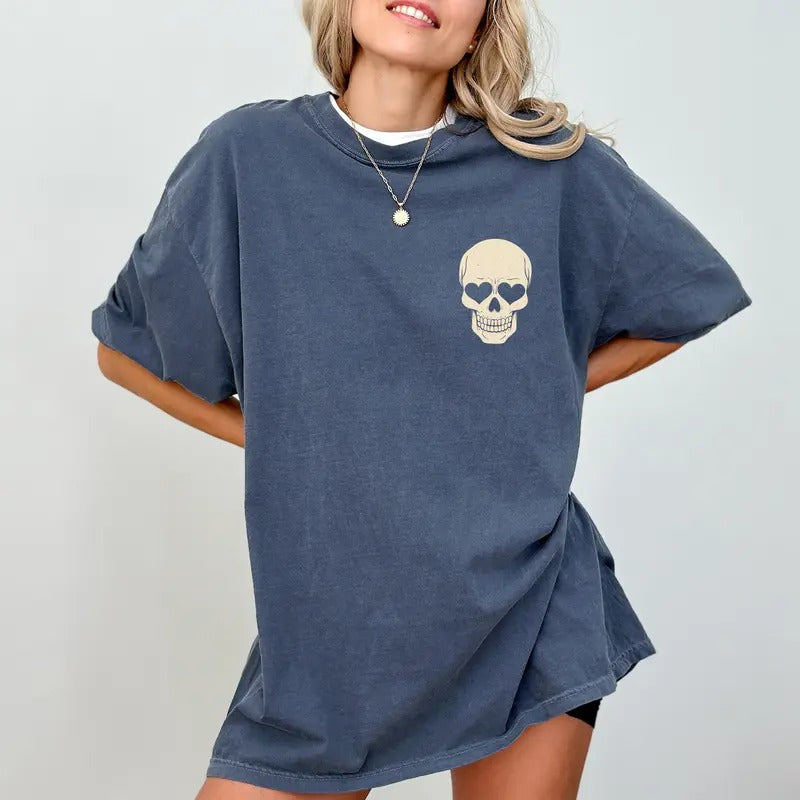 Heart Eyes Skull Tee, Funny Gothic Graphic T-shirt, Halloween Skull Unhinged Shirt, Skeleton Shirt, Funny Shirts For...