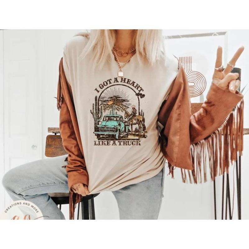 Heart Like A Truck Shirt, Western Sunset Cowgirl Shirt, Country Shirt, Cowgirl Graphic Tee, Western Country Shirt V821I...
