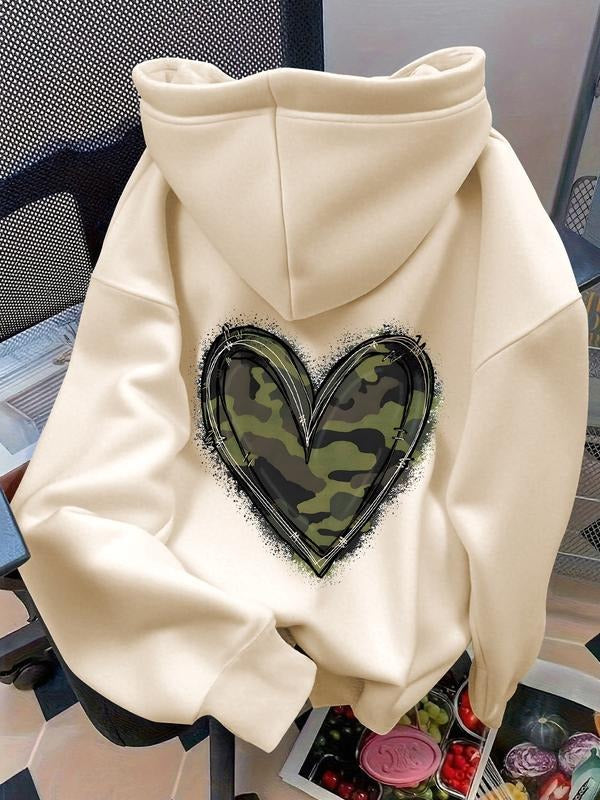 Heart Pattern Hooded Drawstring Sweatshirt, Casual Fashion Long Sleeve Women's Clothing, Ideal Spring Fall Wear,...