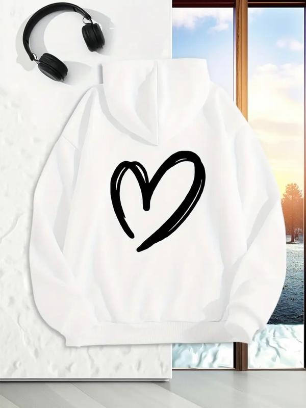 Heart Print Drawstring Hoodie, Casual Long Sleeve Kangaroo Pocket Sweatshirt, Fall & Winter Women's Clothing, Fitted...