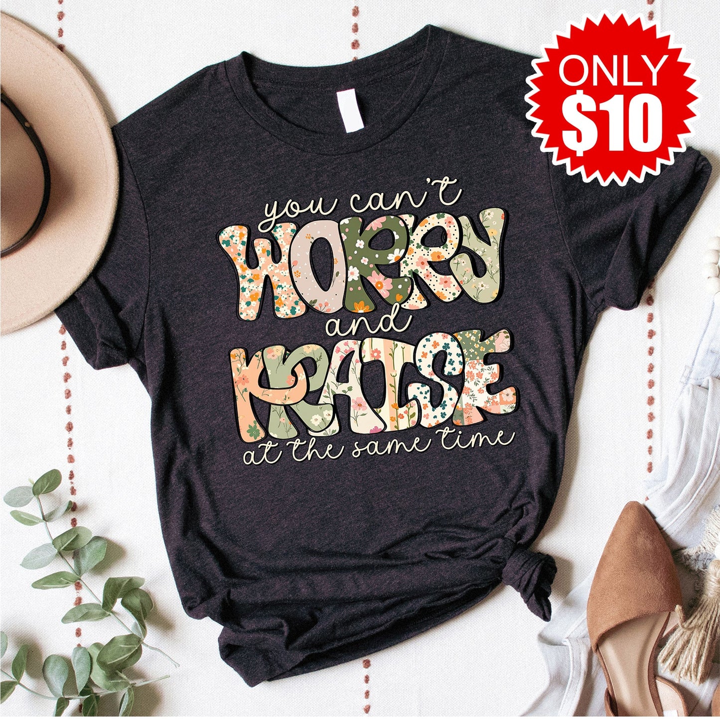 Worry and Praise Tee - Heather Black