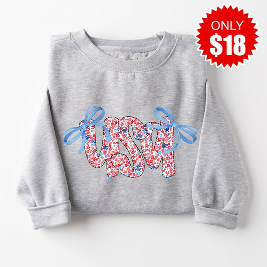 Ribbon Floral USA Sweatshirt - Heather Grey - 18