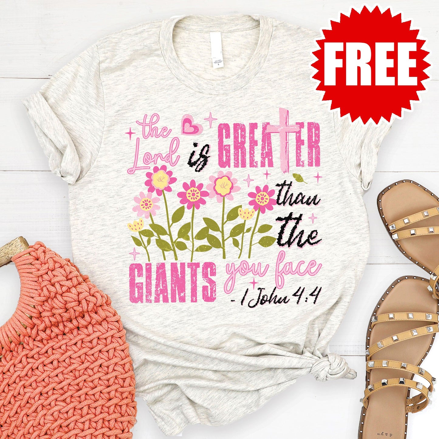 Greater Than The Giants Tee - Heather Oatmeal - 0
