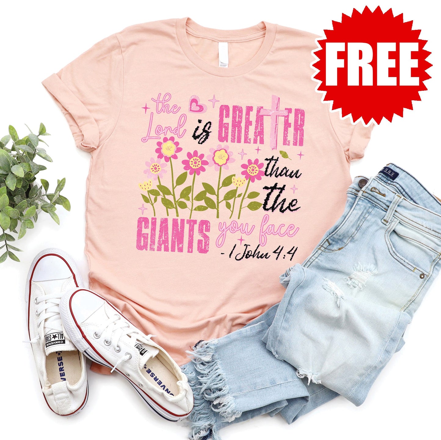 Greater Than The Giants Tee - Heather Peach - 0