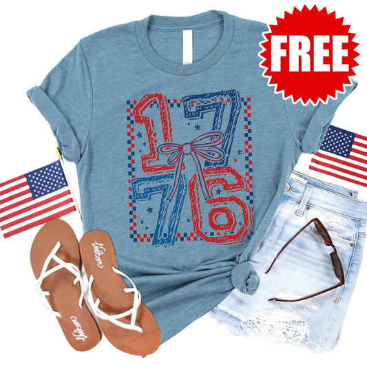 1776 Checker Tee - Heather Denim - FREE