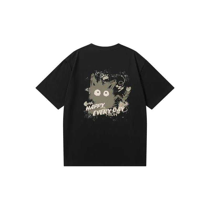 Heavy American Back Cartoon Print Fashion Simple and All-Matching Loose Casual Cotton Short Sleeve T-shirt Hoodie, Sweatshirt