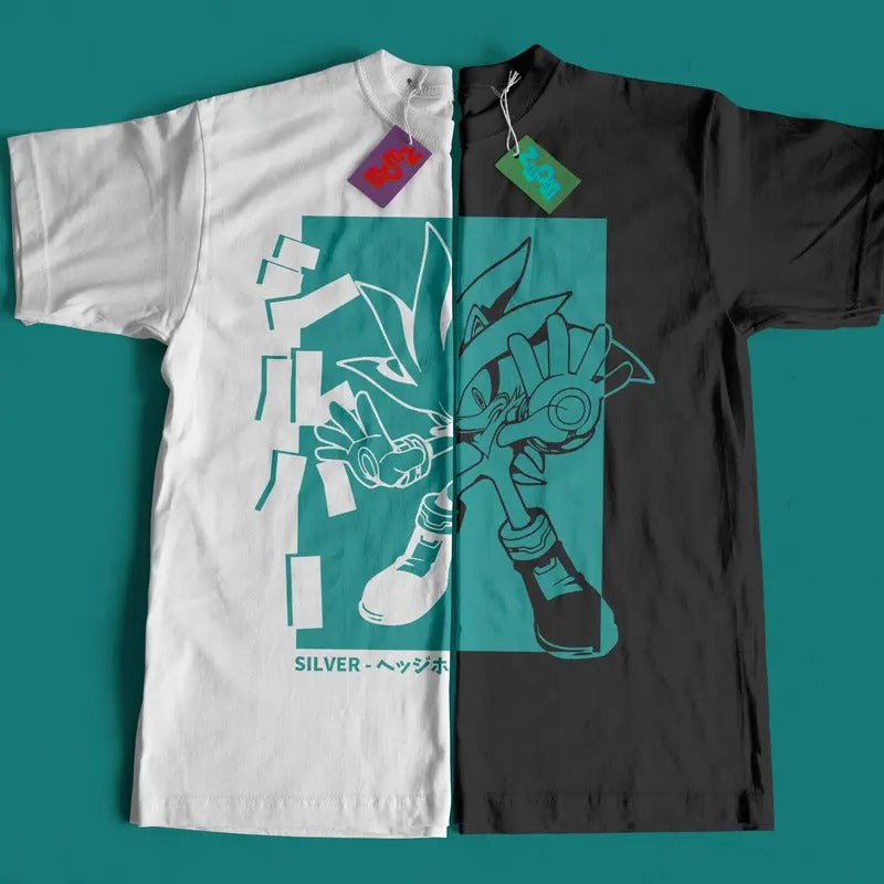 Hedgehog Japanese shirt, Adventure 2, Dreamcast Japanese Streetwear, Silver hedgehog, Graphic Tee Tops Underwear Crewneck...