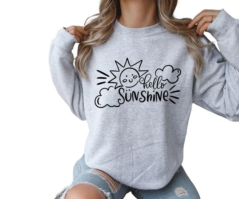 Hello Sunshine Crewneck Sweatshirt - Casual  Sweatshirt with Sun and Cloud Design, Comfortable Fit for Women T-Shirts, Hoodie