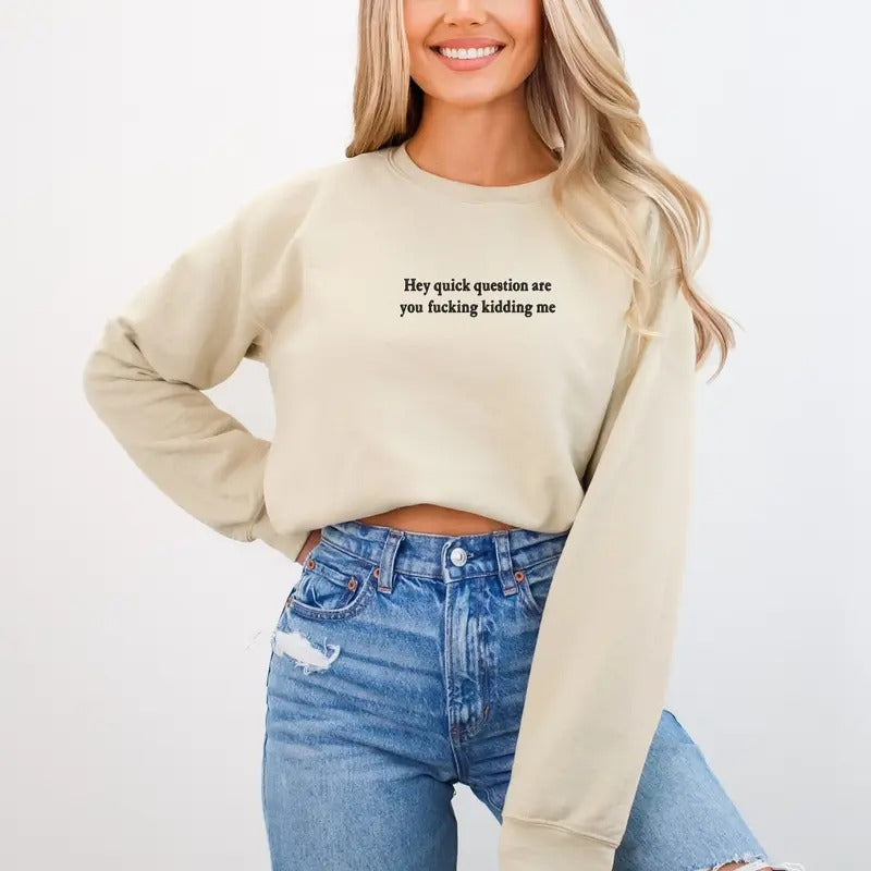 Hey Quick Question Are You Kidding Me Long Sleeve Sweatshirt, Embroidered Unisex Cotton Sweater, Funny Sarcastic Crewneck...