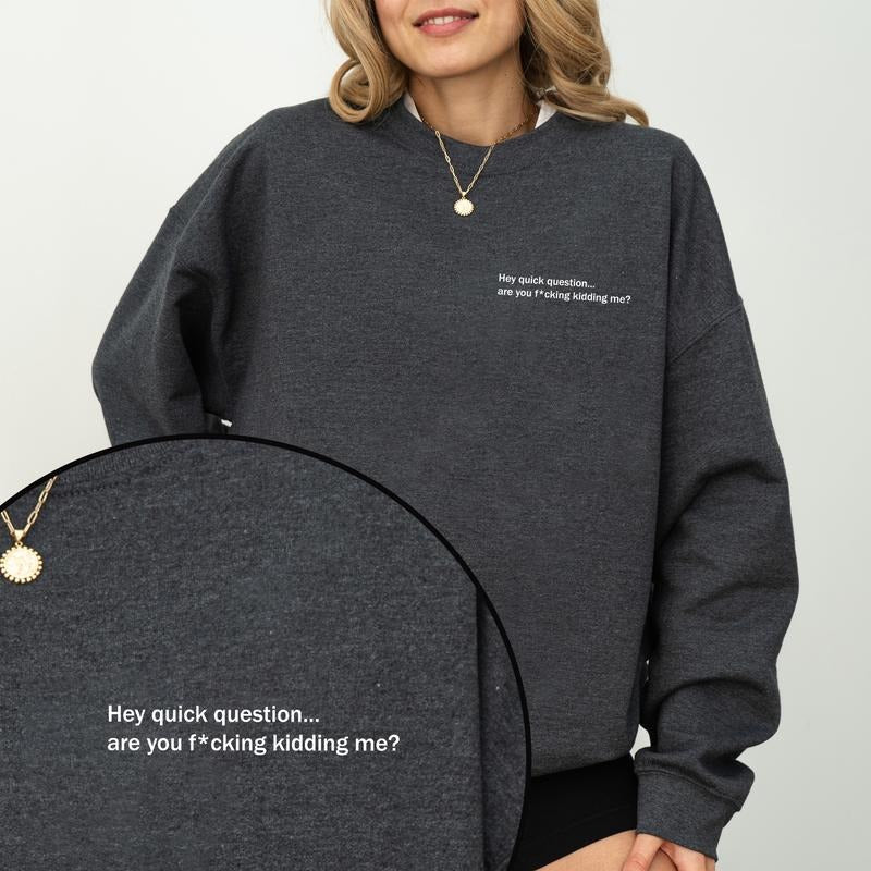 Hey Quick Question Sweatshirt, Humor Shirt, Meme Clothing Gifts, Funny Saying Long Sleeve Pullover Hoodie | HypeCrazeTee.com
