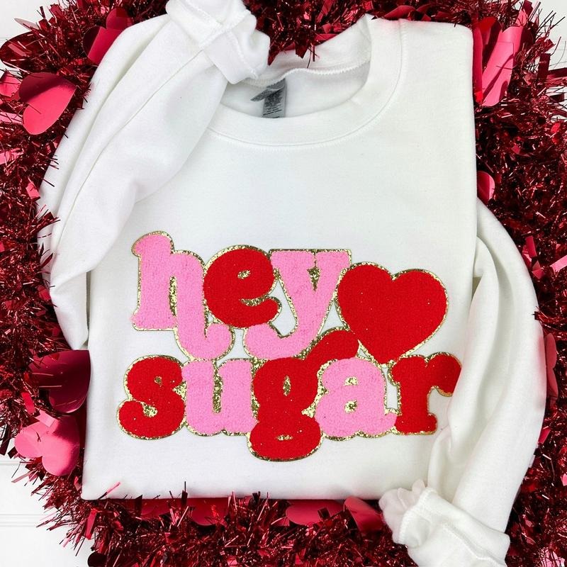 Hey Sugar Chenille Patch Sweatshirt -- WHITE T-Shirts, Hoodie | HypeCrazeTee.com