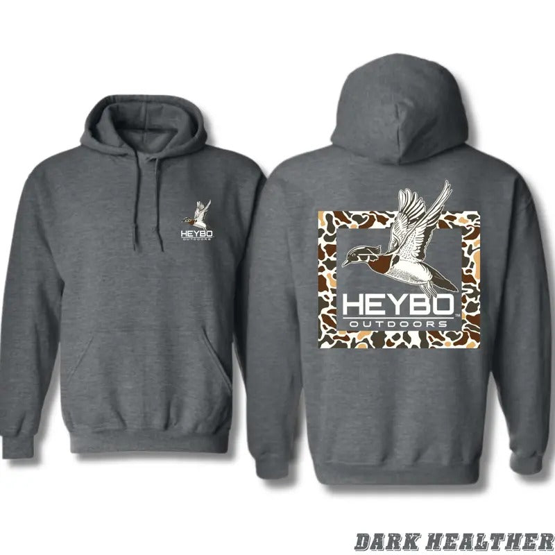Heybo Outdoors Hoodie - Flying Duck with Camo Border Graphic, Unisex Classic Fit for Men and Women - Menswear, Sweaters...