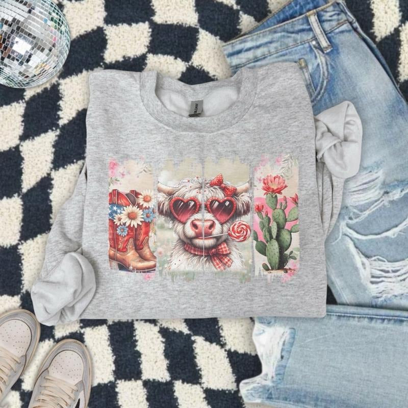 Highland Cow Brushstroke Valentine Day Sweatshirt - Ash Grey - Sublimation - Western - Unisex Jersey Sweatshirt T-Shirts,...