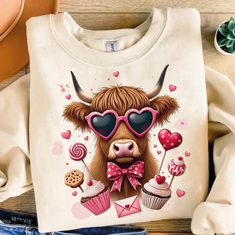 Highland Cow Valentine | Coquette Love Crewneck Sweatshirt | Retro Western Design T-Shirts, Hoodie | HypeCrazeTee.com
