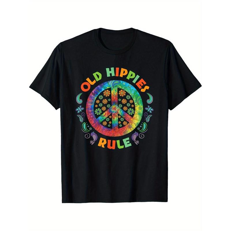 Hippie Peace Sign Applique Knit Cotton T-Shirt
