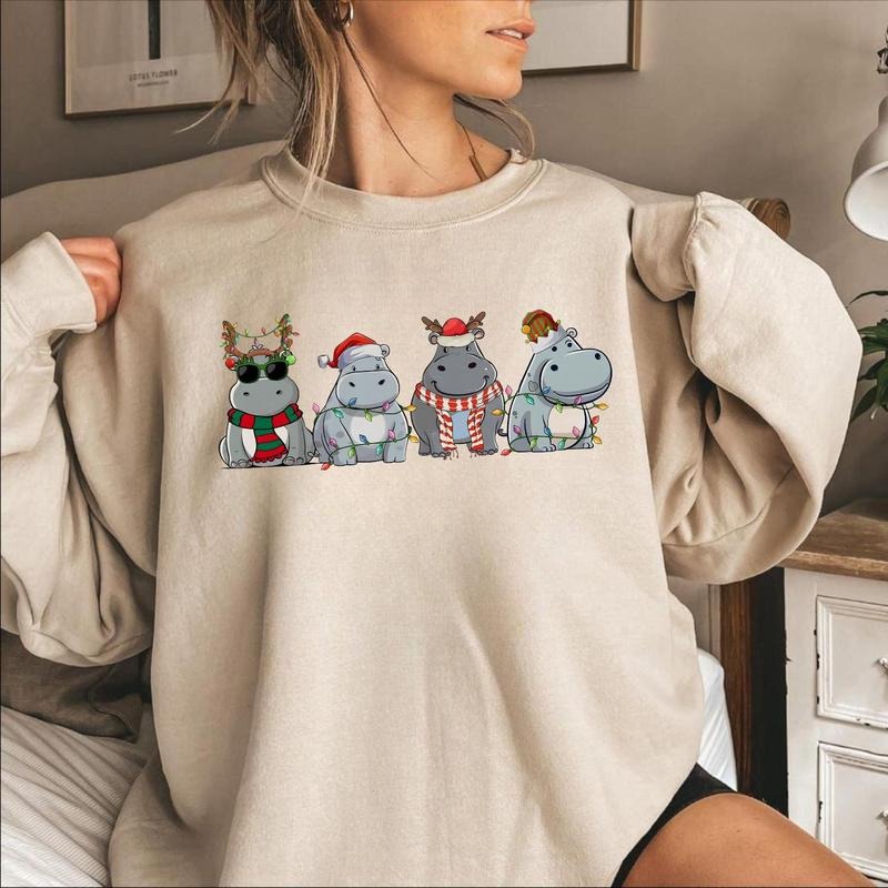 Hippopotamus Christmas Sweater, Retro Hippo Christmas Sweatshirt, Christmas Hippopotamus Hoodie Hippo for Xmas Crewneck...