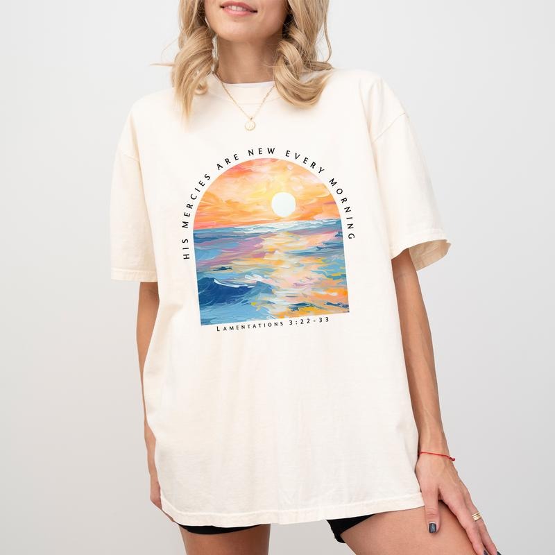 His Mercies Are New Every Morning Shirt, Bible Verse Lamentations 3:22-33 Printed Women Casual Style, Jesus Double Sided...