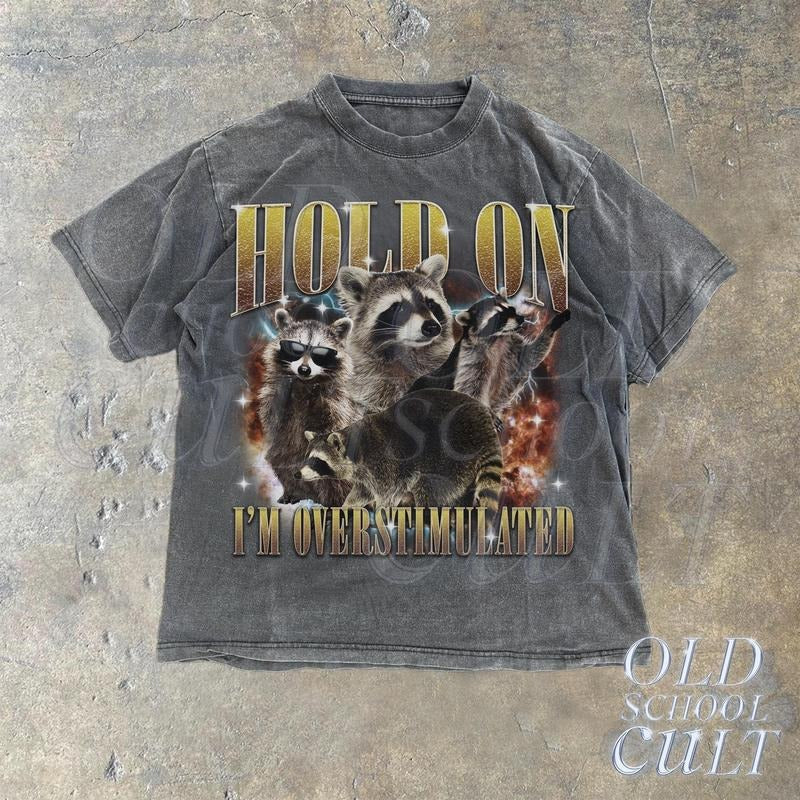 Hold On I Am Overstimulated Vintage Graphic T-Shirt, Retro Funny Raccoon Bootleg T Shirt, Vintage Party Unisex T Shirt,...