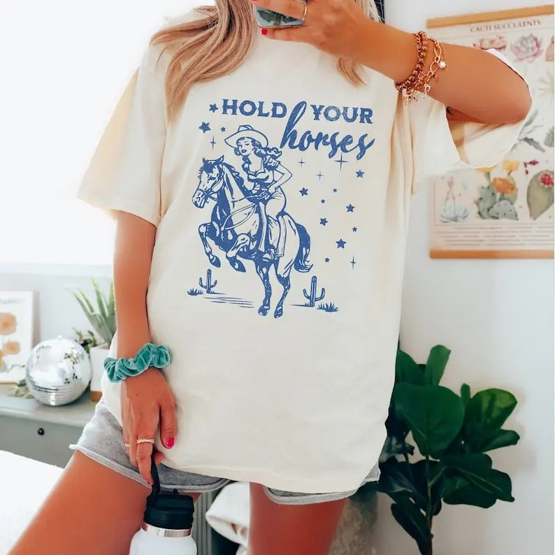 Hold Your Horses Colors T-Shirt, Retro Western Aesthetic Tee, Vintage Inspired Trendy Unisex T-Shirt, Wild West Country...