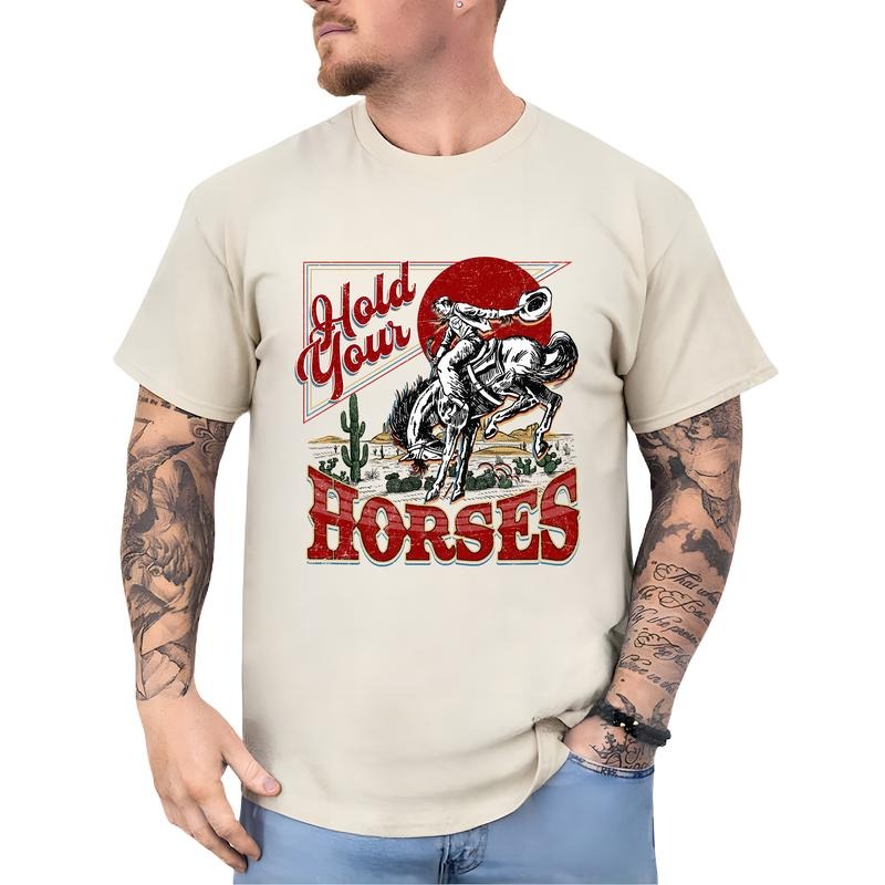 Hold Your Horses Retro Country Cowboy Shirt Vintage 90s Western Shirt Rodeo Shirt Western Cowboy Cowgirl Wild West Cool Shirt Casual Short Sleeve Shirt Daily Menswear Unhinged Cotton Fabric T-Shirts, Hoodie, Sweatshirt
