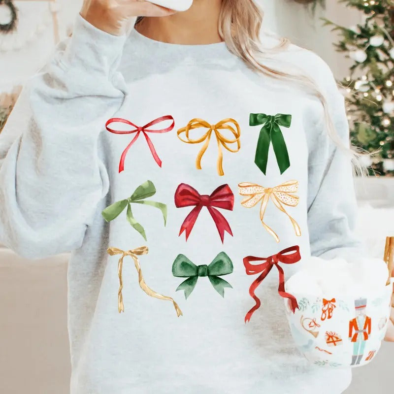 Holiday Bow Coquette New Festive Sweatshirt, Christmas Classic Bow Graphic Crewneck Sweatshirt Oversized T-Shirts, Hoodie