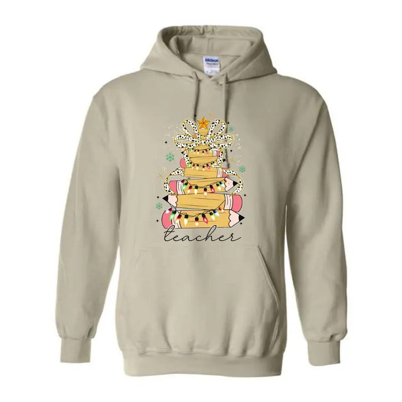 Holiday Teacher Hoodie - Festive Look with Christmas Tree Pencil Artwork - Menswear, Sweatshirts T-Shirts | HypeCrazeTee.com