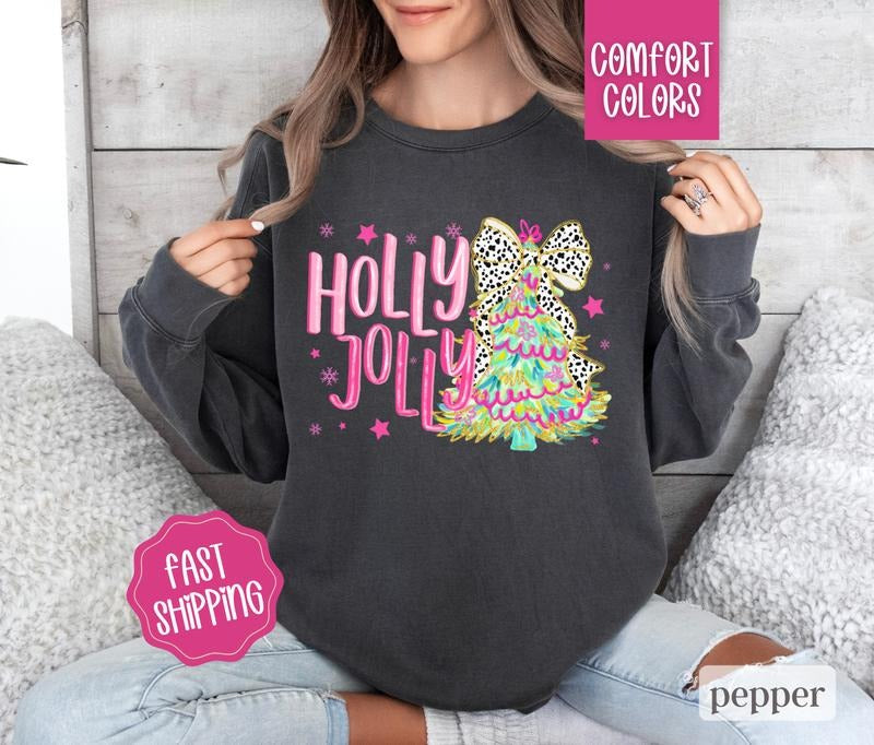 Holly Jolly Christmas Comfort Colors Sweatshirt,  Coquette Christmas Sweater Womenswear,  Holiday Crewneck T-Shirts, Hoodie