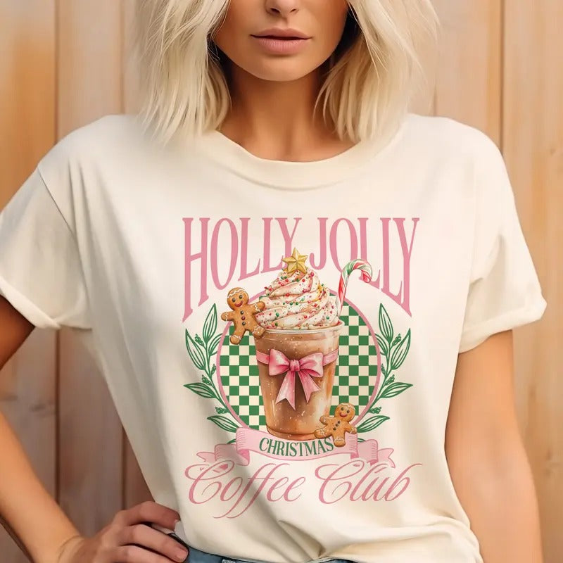 Holly Jolly Coffee Club Tee Christmas Holly Jolly Coffee Sweatshirt Holiday Coquette Coffee Tshirt Womens Pastel Holiday...