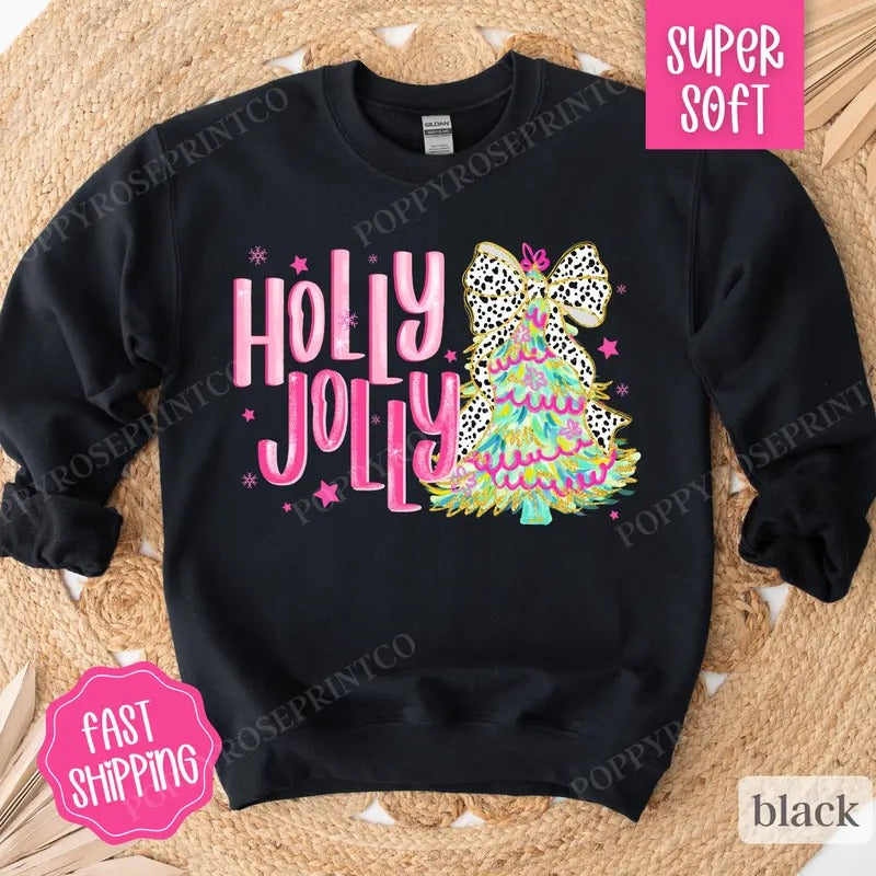 Holly Jolly Sweatshirt, Cute Christmas Sweater, Women's Holiday Crewneck T-Shirts, Hoodie | HypeCrazeTee.com