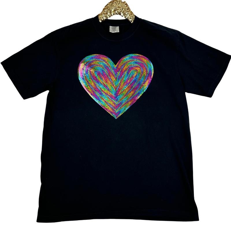 Holographic HEART Sequin Patch Comfort Colors T-Shirt -- BLACK Hoodie, Sweatshirt | HypeCrazeTee.com