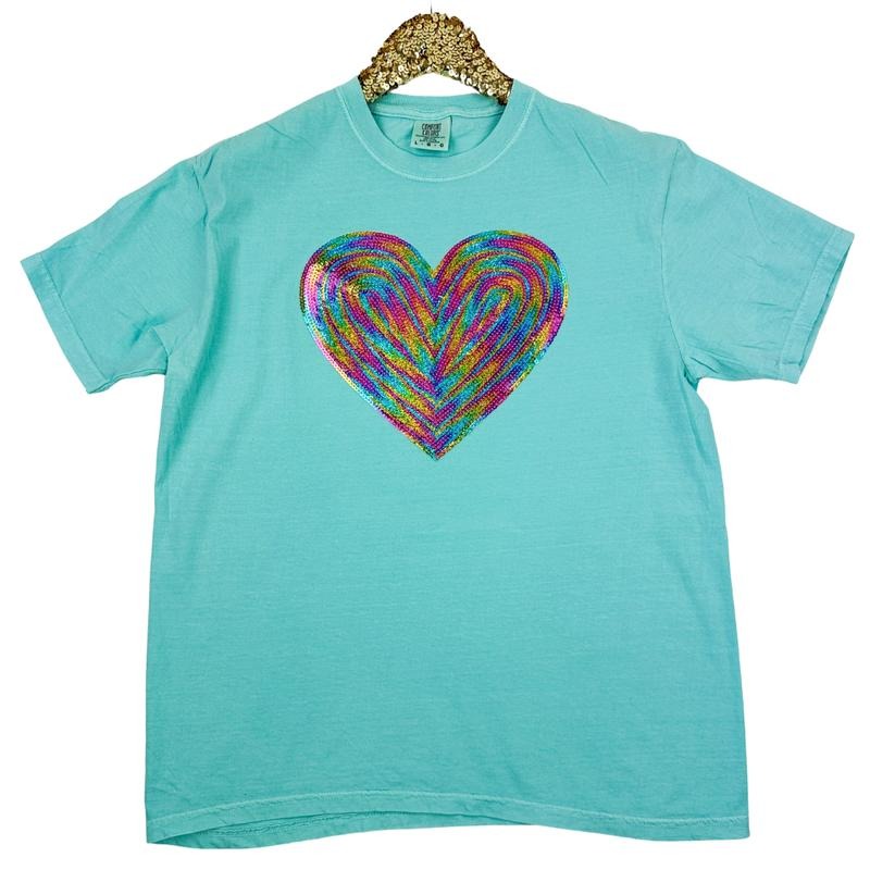 Holographic HEART Sequin Patch Comfort Colors T-Shirt -- Chalky Mint Hoodie, Sweatshirt | HypeCrazeTee.com