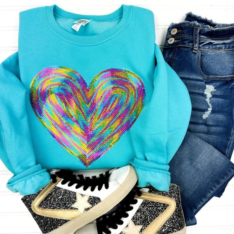 Holographic HEART Sequin Patch Sweatshirt -- SCUBA BLUE T-Shirts, Hoodie | HypeCrazeTee.com
