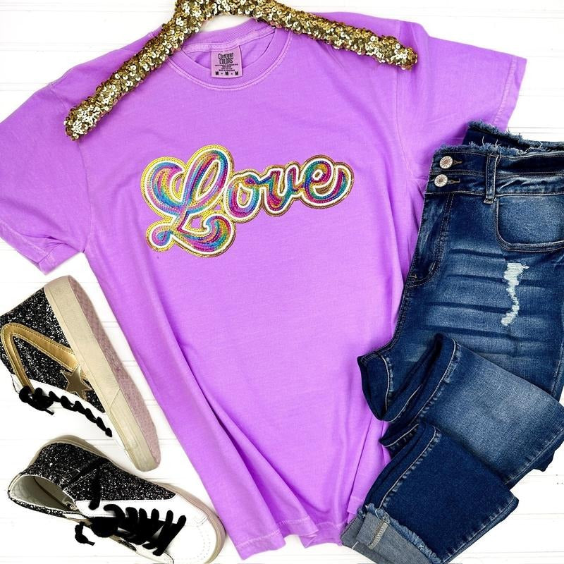 Holographic LOVE Sequin Patch Comfort Colors T-Shirt Hoodie, Sweatshirt | HypeCrazeTee.com