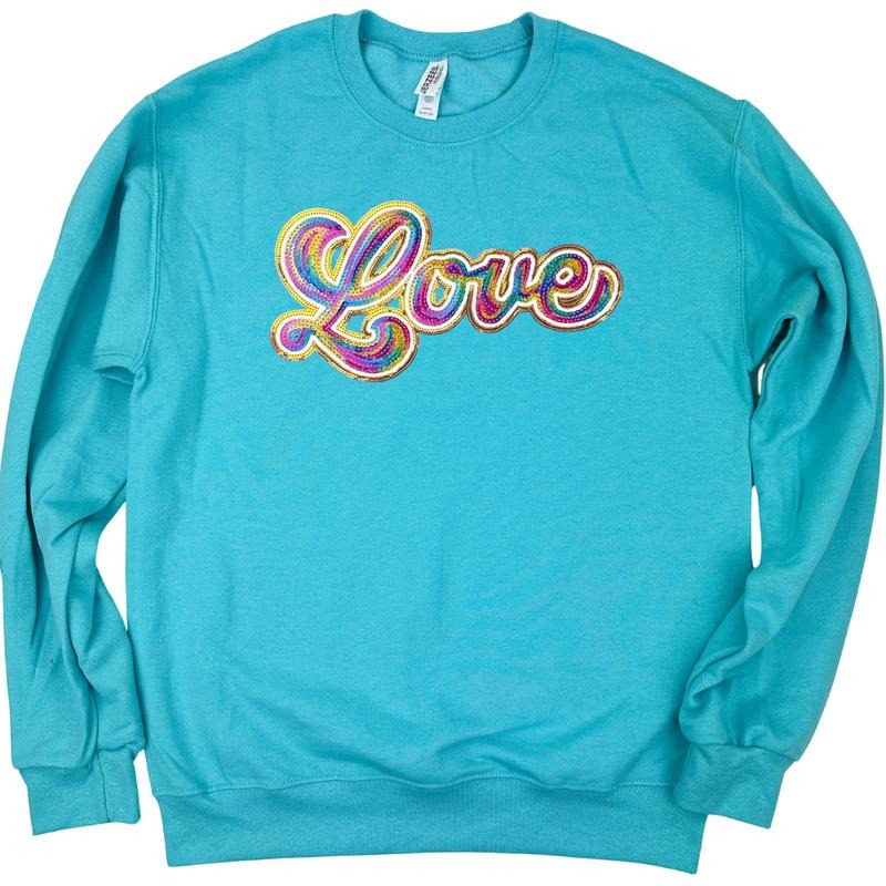 Holographic LOVE Sequin Patch Sweatshirt -- SCUBA BLUE T-Shirts, Hoodie | HypeCrazeTee.com